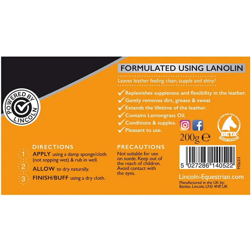Lincoln Lanolised Leather Soap Label with directions and branding details.