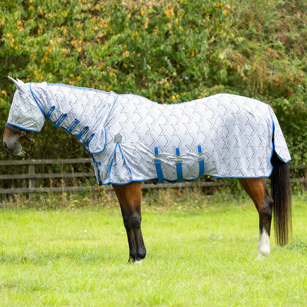 Hy Equestrian DefenceX Shield Guardian UV Combi Fly Rug/Mask White/Blue