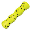 Yellow dog toy with black spots on a white background