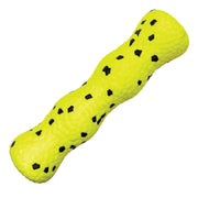 Yellow dog toy with black spots on a white background