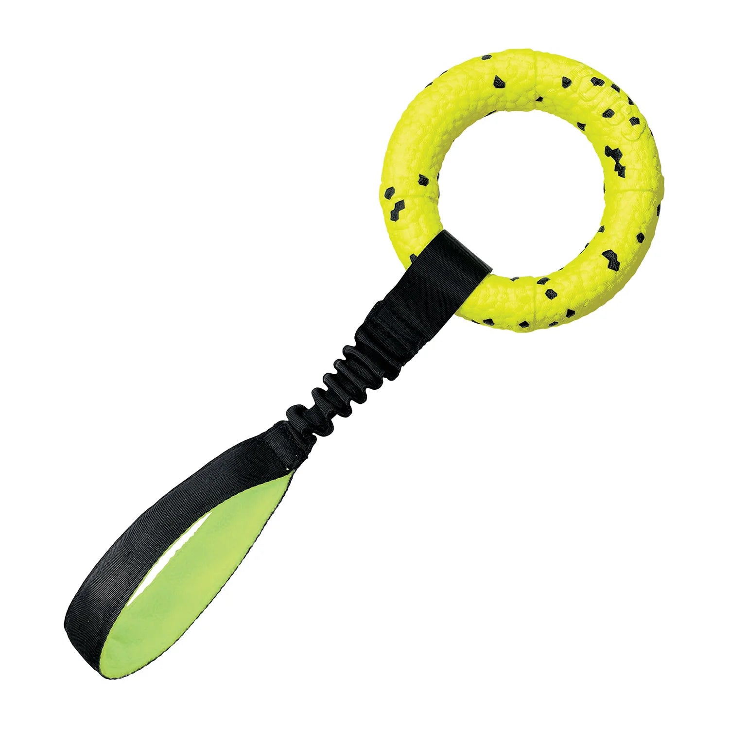 Yellow and black dog toy with a handle on a white background