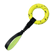 Yellow and black dog toy with a handle on a white background