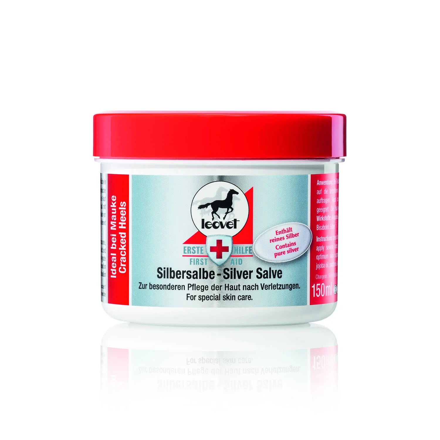 Jar of Leovet Silver Salve with red lid on a white background