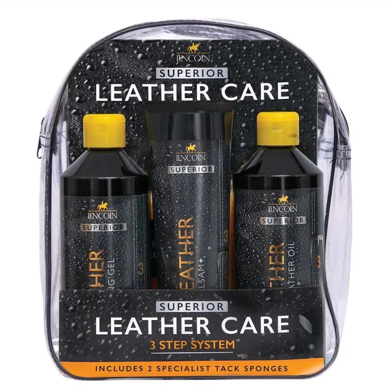 Lincoln Superior Leather Care 3-step system packaging with bottles and sponges.