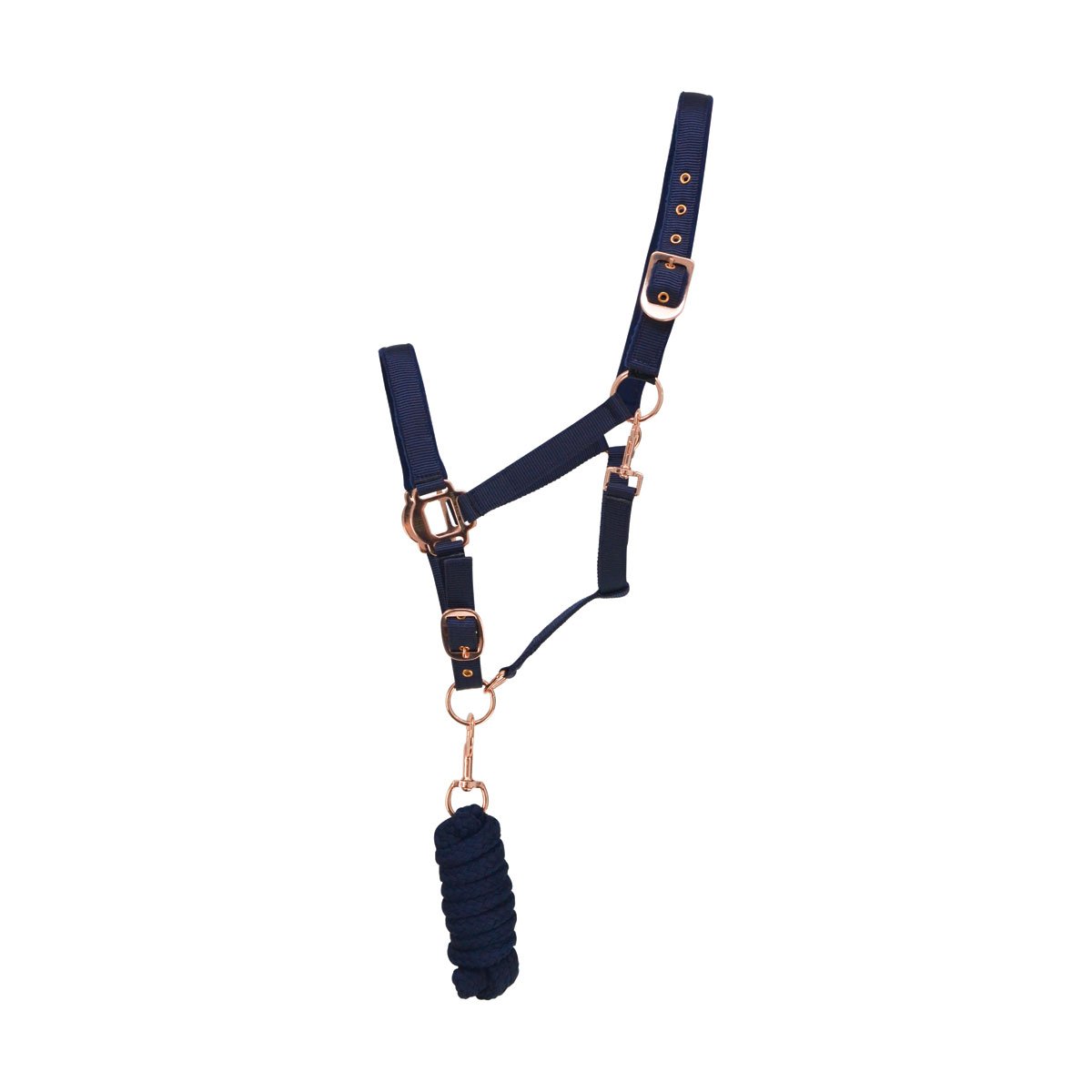 Hy Equestrian Rose Gold Headcollar and Lead Rope - Navy/Rose Gold, Pony image
